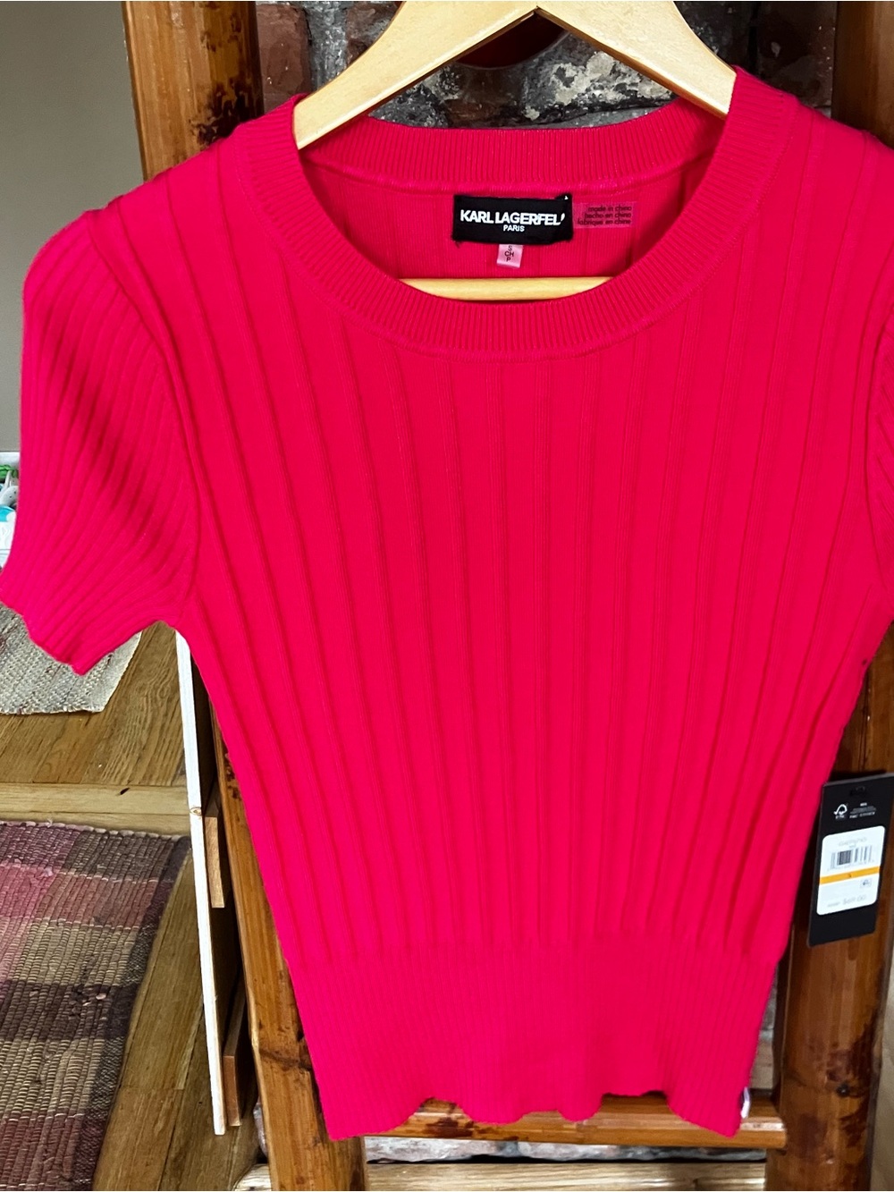 Karl Lagerfeld Vibrant Fuchsia Ribbed Short Sleeve Top